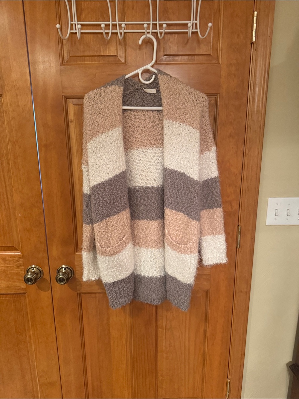 Wishlist Plush Striped Open-Front Cardigan in Cream, Tan, Gray, Pink